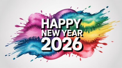 Happy New Year 2026 text overlaid on a vibrant watercolor rainbow splash background
