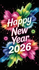 Happy New Year 2026 text with vibrant rainbow color powder explosions on a black background.