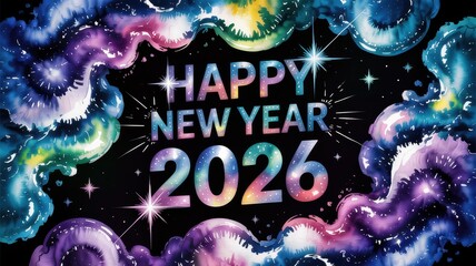 Happy New Year 2026 typography set against a vibrant cosmic watercolor nebula background.