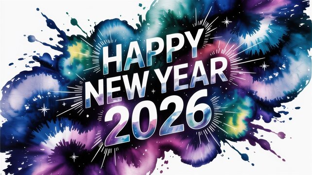 Happy New Year 2026 text on a vibrant watercolor splash background with cosmic colors