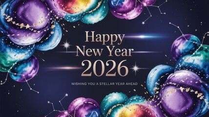Watercolor space-themed Happy New Year 2026 banner with galaxy spheres and golden glitter
