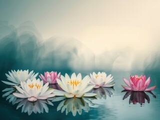 White and pink lotus flowers floating on dark reflective water against a misty background