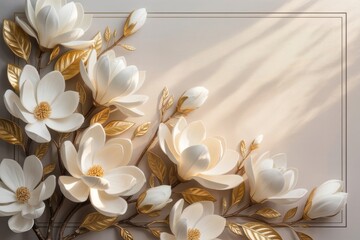 White magnolia flowers and golden leaves arranged in an elegant decorative corner frame