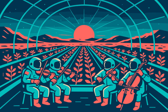 Astronauts playing string quartet in futuristic space farm