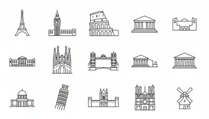 Fototapeta premium Set of famous world landmark line icons including cathedrals and monuments 
