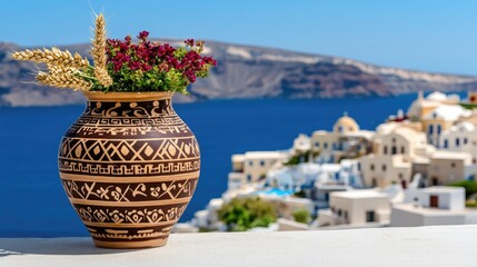 A beige ancient Greek vase with wheat and reed patterns sits on a wooden table against a stunning backdrop of Italian hills