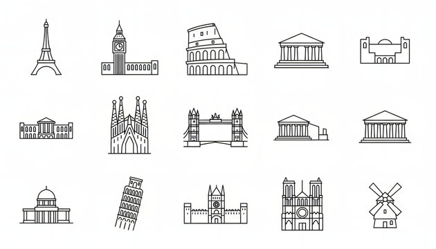Set of famous world landmark line icons including cathedrals and monuments  
