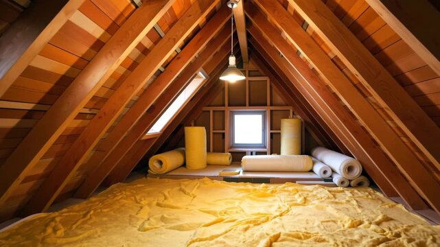 Wooden Roof Trusses and Yellow Fiberglass Insulation in Attic Construction