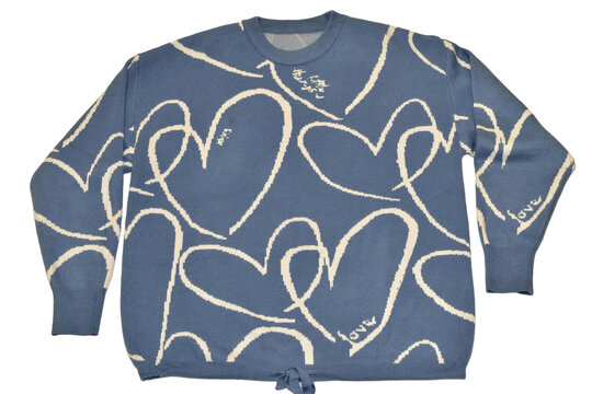Women's blouse, with white heart silhouette designs on a blue background, photographed against a PNG background.
