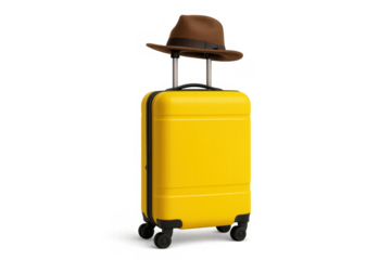Yellow suitcase with an elegant brown hat on top, ready for summer travel and vacation on transparent background