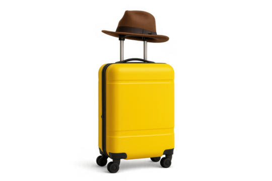 Yellow suitcase with an elegant brown hat on top, ready for summer travel and vacation on transparent background