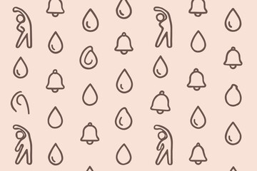 Minimal wellness pattern with stretching figures, water drops, and reminder bells