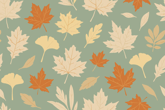 Seamless autumn leaves pattern with muted green background