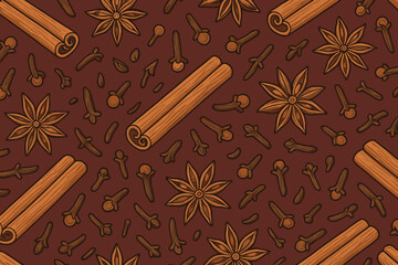 Seamless pattern with cinnamon sticks, star anise, and cloves