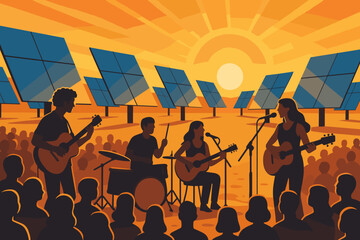 Fototapeta premium Outdoor concert at sunset surrounded by solar panels and crowd