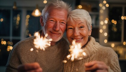 Elderly Caucasian Couple Sparkling With Joy As They Celebrate New Year With Sparklers In A Festive Atmosphere Filled With Party Lights.