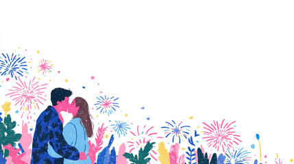 Obraz premium Young couple kissing under colorful fireworks on New Year’s Eve. Romantic festive illustration with copy space for greetings
