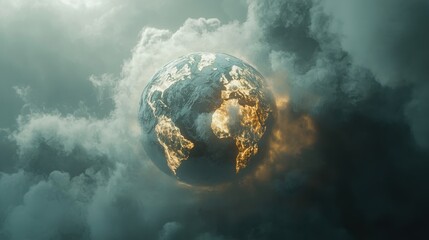 A conceptual illustration of Earth surrounded by smoke and pollution, representing the human impact on the planet and climate change.