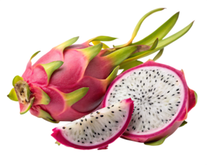 Vibrant pitaya dragon fruit slice and whole fruit isolated on transparent background