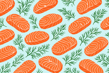 Seamless pattern of salmon steaks and dill sprigs on light blue background
