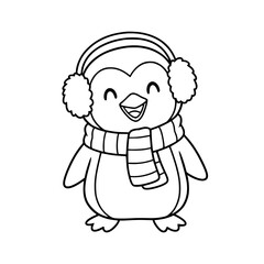 Obraz premium Cute penguin wearing earmuffs and scarf in funny pose, simple winter coloring page for toddlers Generative AI