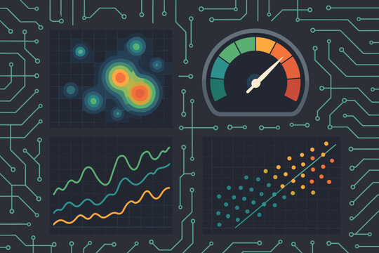 Tech dashboard with performance metrics and data visualizations over circuit background