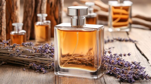 A glass vial of amber oil sits next to lavender and driftwood on an oak cherry wood tabletop