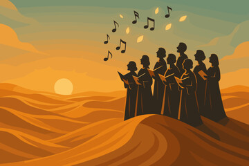 Fototapeta premium Silhouetted choir singing at sunrise over desert dunes