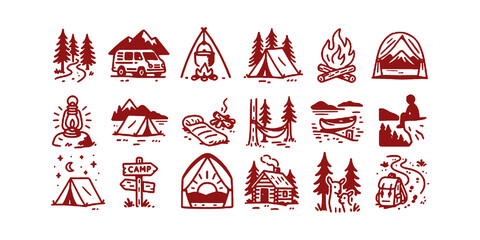 Camping adventure doodle icon set. Cute hand drawn sketch illustrations of tent, fire, backpack, cabin, canoe, hammock. Black and white cartoon art for outdoor forest travel.