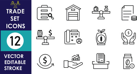 Minimalist vector icon set with 12 trade and finance symbols, outlined in black with editable strokes, representing balance, money, documents, banking, and transactions