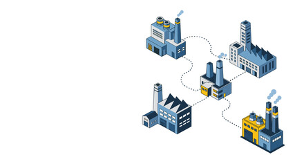 Factory network leasing shown in industrial isometric for manufacturing, commerce and global supply chain