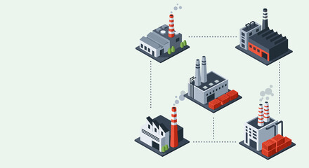 Factories connected by leasing network for industrial production, supply chain management, global economy and manufacturing