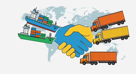 Global trade agreement with handshake of cargo ship and delivery trucks for export, import, logistics solutions