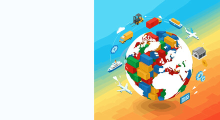 World Leasing Day isometric poster: cargo containers form globe, colorful international trade and transport
