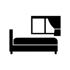 Stylized depiction of a bed next to a window with curtains drawn back