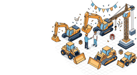 Construction teamwork isometric illustration showcasing leasing people shaking hands near excavators