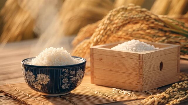 田んぼ前に置いた白米と木枡の静物