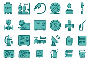 Industrial cryogenic and fluid system icons set