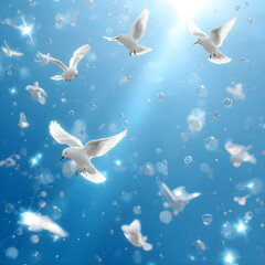 Obraz premium Seamless pattern with white doves flying in a blue sky for a background texture of peace and freedom