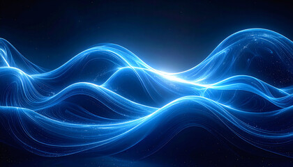 Calm, luminous waves with a linear sparkling pattern in light blue tones on a rich blue background for web banners and artificial intelligence technology themes.