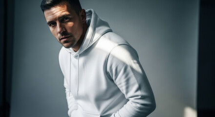 Fototapeta premium Caucasian young adult male in a white hoodie looking towards the camera with a thoughtful expression in soft lighting.