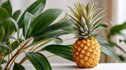 Fototapeta premium Whole pineapple fruit standing on white table with green plants