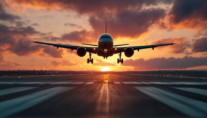 Naklejka premium Modern Passenger Airplane Touching Down At Airport Amidst A Stunning Evening Sunset Sky. Travel Restrictions During Covid-19 Pandemic.