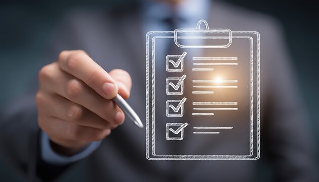 Virtual Screen Checklist For Businessmen: Using Hands Or Pen To Review Control Gaps And Quality Standards On Clipboard Form.