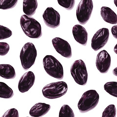 A seamless pattern of dark purple raisins scattered on a plain white background in a random arrangement