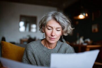 Thoughtful mature woman reading a document in a cozy, well-lit home environment, emphasizing concentration and introspection.