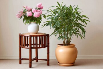 Fototapeta premium Pink flowers in white vase on bamboo table with houseplant