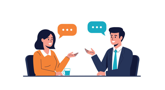 A man and a woman are sitting at a table having a conversation with speech bubbles above them.
