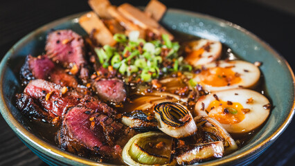Succulent rare beef ramen in a beautiful bowl with bamboo shoots, spring onions, tamago (Japanese marinated egg), and leeks. Rich broth, authentic Japanese flavors.
