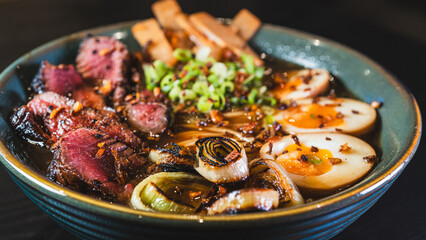 Succulent rare beef ramen in a beautiful bowl with bamboo shoots, spring onions, tamago (Japanese marinated egg), and leeks. Rich broth, authentic Japanese flavors.